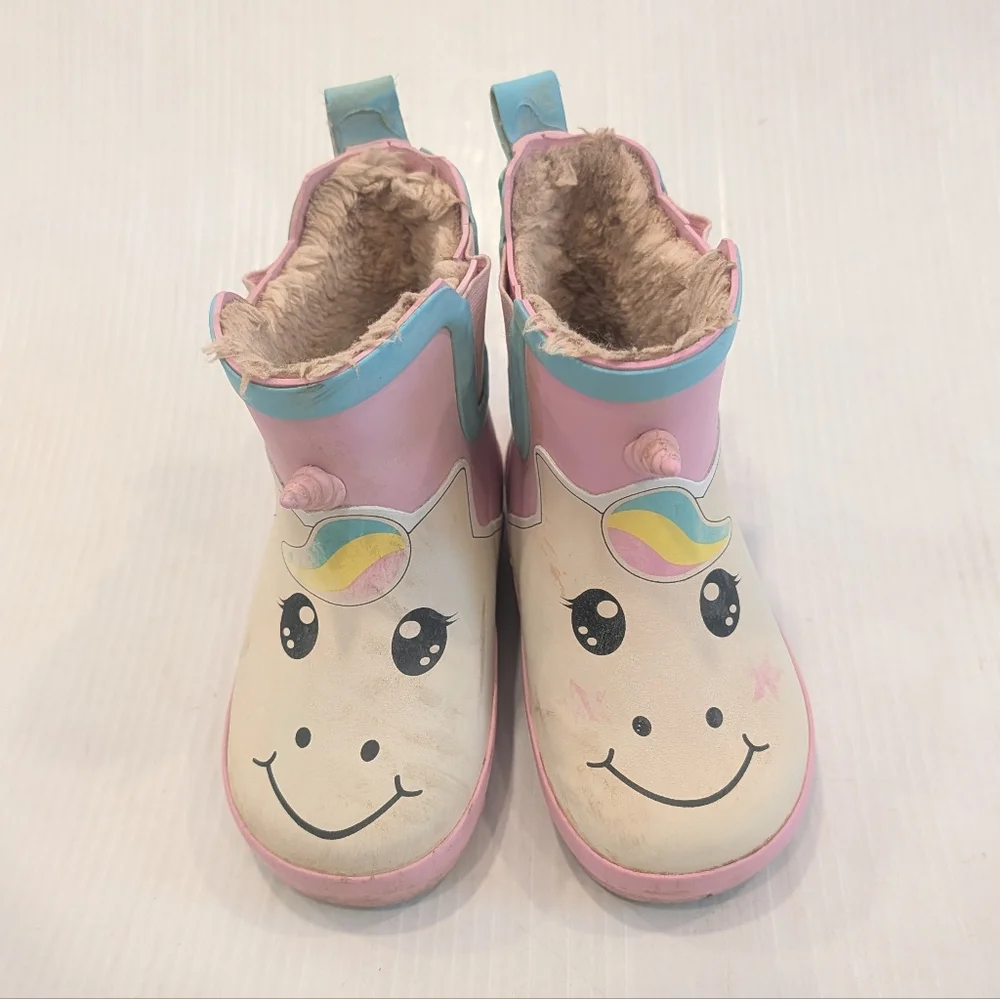 LILY & DAN Girls Unicorn Face Fur Lined Pull-on Rubber Rain Snow Boots Size 7/8